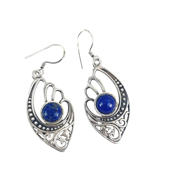 Sterling Silver Lapis Gemstone Dangle Earrings With Intricate Filigree Design Bo - Picture 1 of 10